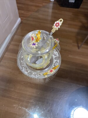 Vintage Glass Tea Cup Saucer Set W/ Lid And Spoon Enamel Daisy Flower  Coffee