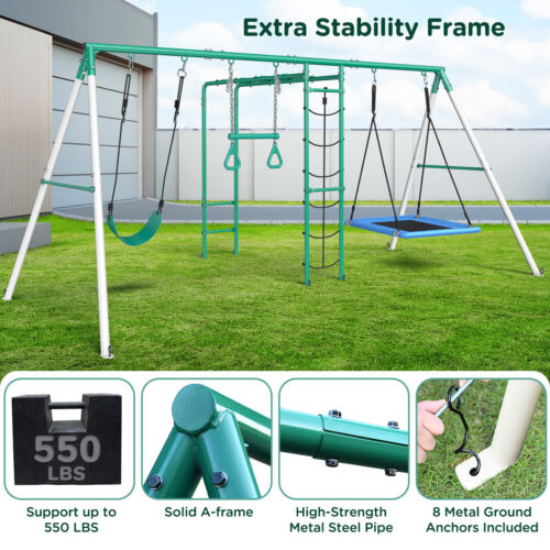 Outdoor Heavy Duty Metal Swing Set for Kids Backyard Playground Playset W/ Seat