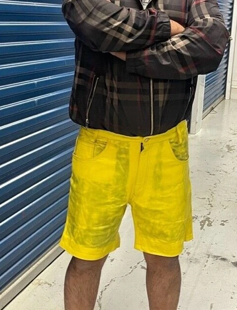 Mens, Cow Leather Shorts YELLOW 2 TONE Casual 5 Pockets Short Zipper Fly Leather