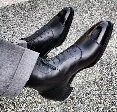 Handmade Men's Black Leather Oxford Cap-Toe Lace Up High Ankle Dress Boots Men