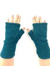 Hand Knitted Lined Wool Wrist Arm Warmers Teal Fingerless Gloves Mittens Mitts