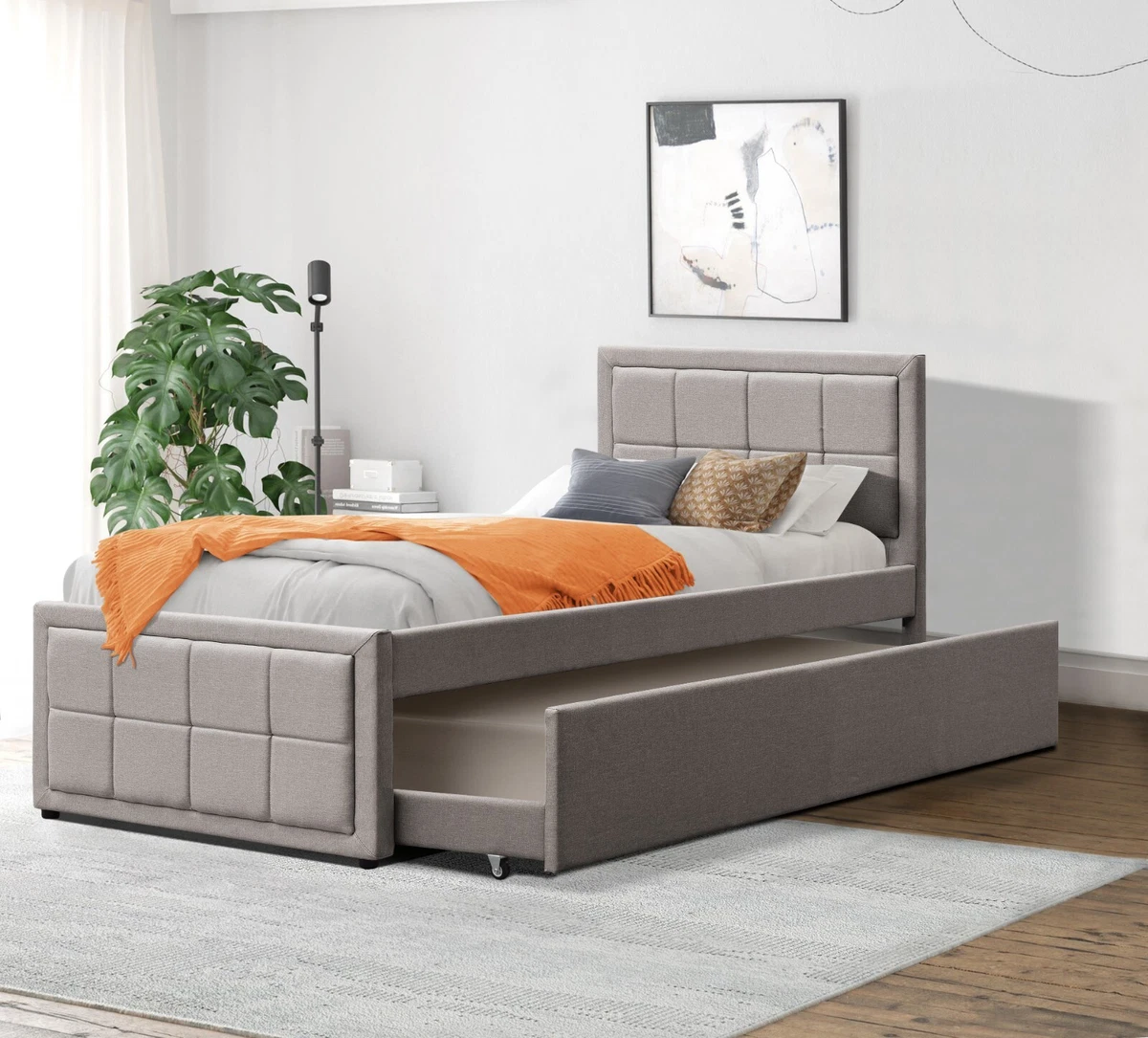Grey Single Trundle Bed Frame Mattress Pull Out Day Sleep Over Bed Kids 3FT