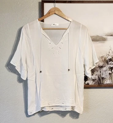 Anine Bing Tie Front White Popover Top Laser Cut Accent Summer Shirt - Large