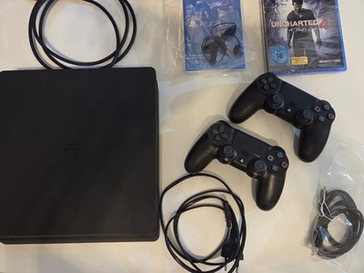 Sony PlayStation 4 - 1TB, schwarz, slim mit 2 Dualshock Controller + Uncharted 4