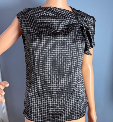NY&C Eva Mendes Blouse XS NWT Black White Plaid Geometric Bow Shoulder.