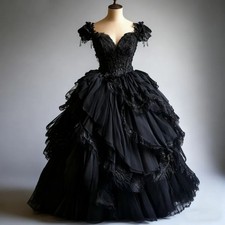 Black Victorian Gothic Wedding Dresses V Neck Beaded Lace A Line Pleated Floor