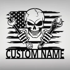Personalized US Skull Mechanic Metal Sign Custom Gift for Garage Home Decor