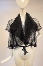 1930’S BLACK SPRIG PATTERN SILK LACE JACKET W RUFFLED LAPELS 