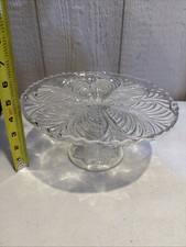 Vintage Glass Scalloped Edge Leaf Pattern Pedestal Cake Stand