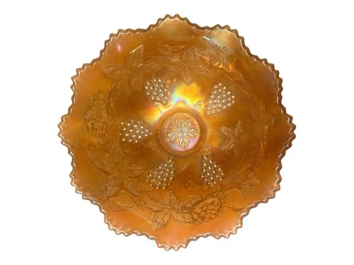 Vintage Carnival Glass Bowl Marigold Grape & Vine Iridescent Ruffled Edge