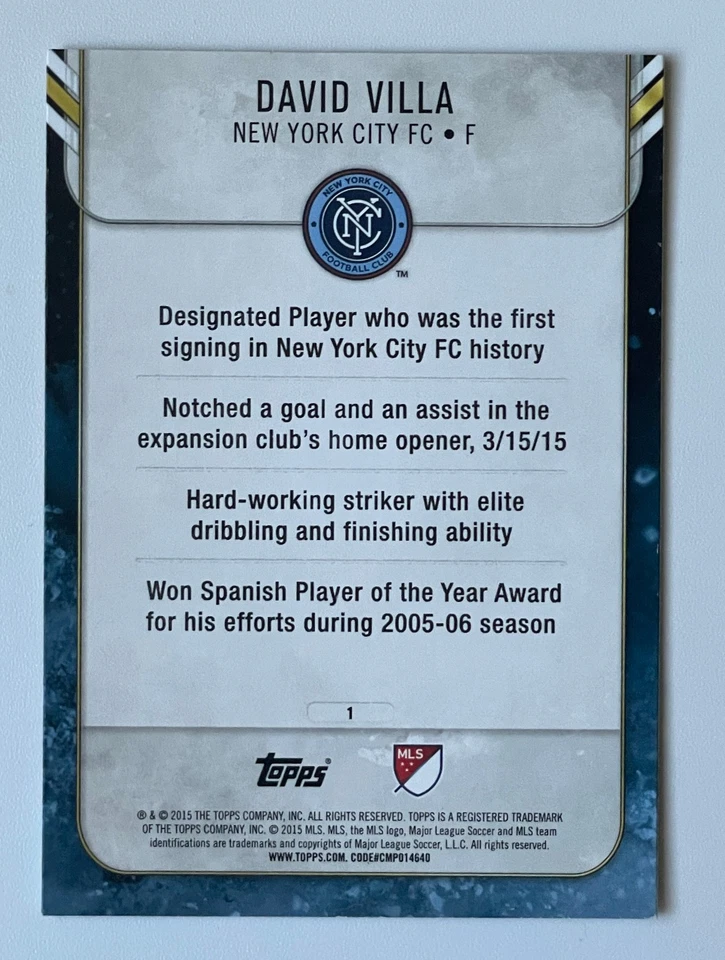 2015 Topps MLS Apex Soccer #1 David Villa RC Rookie  NYC FC - Image 2 of 2