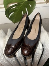 Vintage Salvatore Ferragamo Pumps 8.5A Black Suede Brown Croc Block Heel Italy