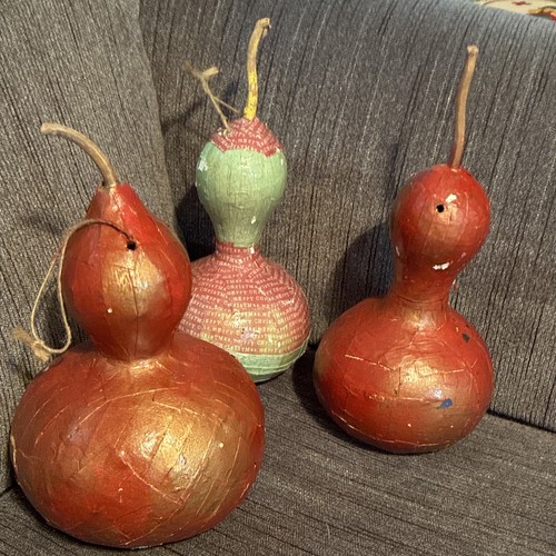 Handmade Hand-Painted Craft Gourds, Lot of 3, Multicolor Red & Green