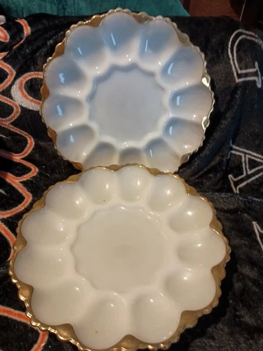 Vintage Anchor Hocking Milk Glass Deviled Egg Plates Dish Gold Trim 2 Pieces