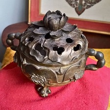 6.5"Antuque Chinese Bronze Lotus Incense Burner Censer Statue Fengshui Vtg Large