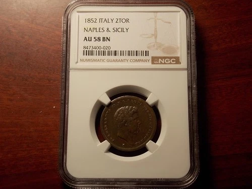 1852 Italy Naples & Sicily 2 Tornesi coin NGC AU-58