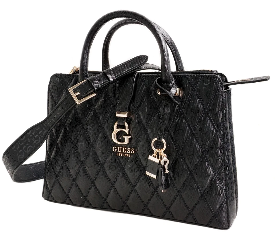 Guess  Tasche Handtasche Henkeltasche Adi Society Satchel Schwarz Logo gesteppt - Bild 3 von 4