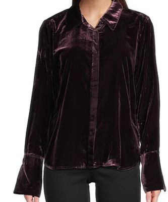 Democracy Point Collar French Cuff Sleeves Hidden Button Front Velvet Shirt sz L