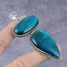 Blue Labradorite Gemstone 925 Sterling Silver Gift Jewelry Pendant 3.55" w247