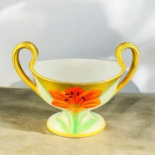 Vintage T&V France Gold Rim Porcelain Hand Painted Sugar Bowl Dish With Handles