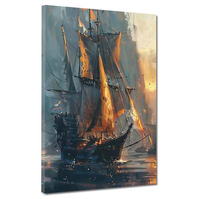 Abstrakt Segelschiff im Sonnenuntergang Leinwandbild Wandbild XL Wanddeko
