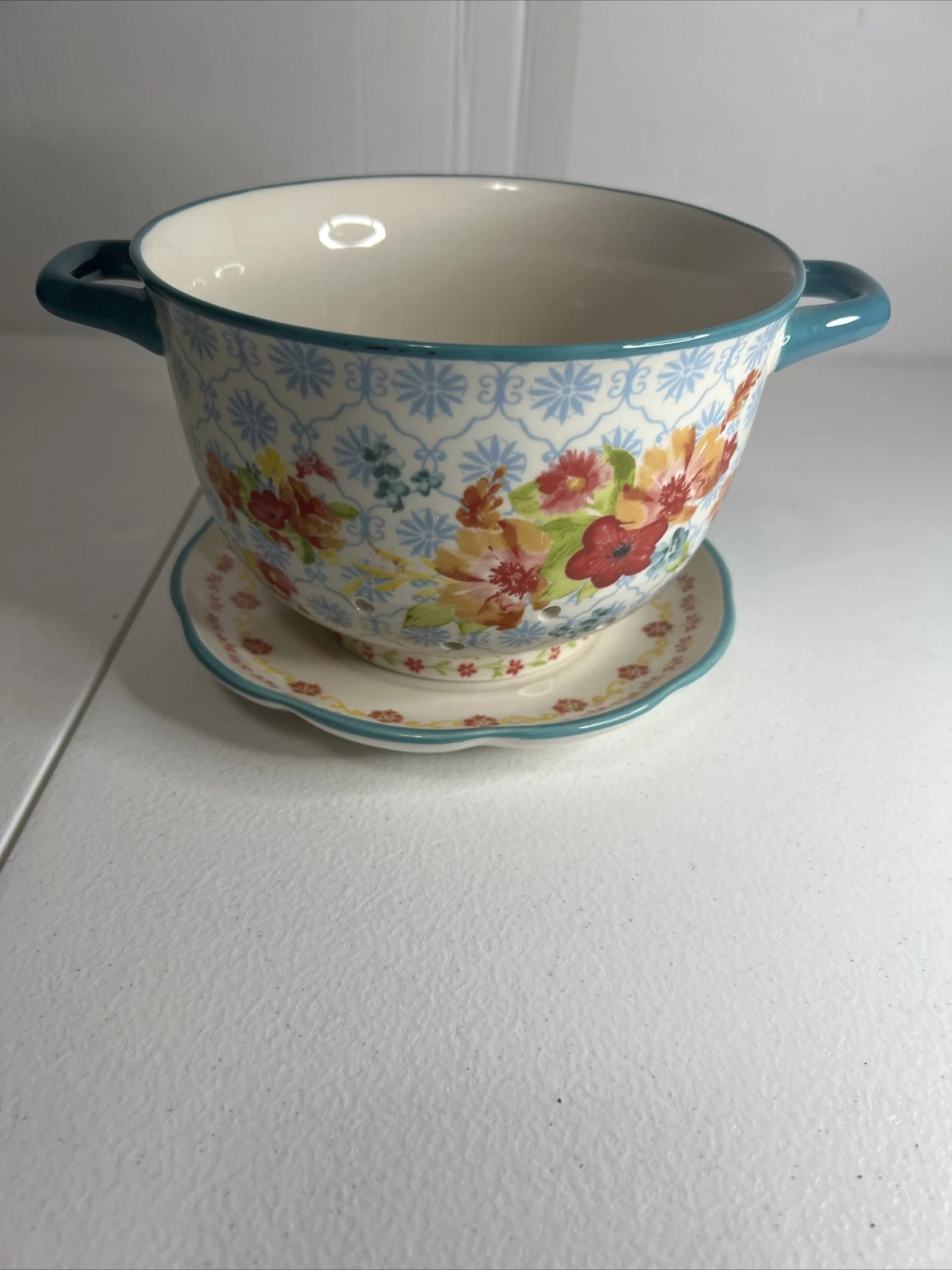 Pioneer Woman Berry Strainer Ceramic Floral Design W/ 7 Inch Drip Plate ~NEW~