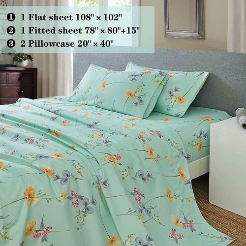 Size 4 Piece Floral Printed Sheet Set Queen Botanical Pattern Microfiber Sheets - Picture 60 of 175