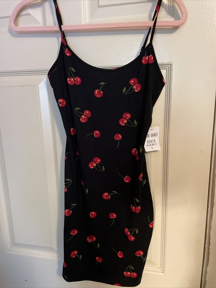 Bear dance womens Small style fitted mini Black dress Red Cherries printed  NWT | eBay