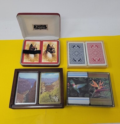 Lot of 4 Vintage Playing Cards Double Deck Bridge Dog Mountain Bird Duratone