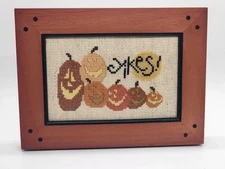Vintage Halloween Wood Framed Jack-O-Lanterns Cross Stitch "Yikes" w/Full Moon