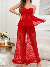 New Women'S Sexy Red Sheer Lace-Trimmed Heart Print Sleepwear Set L