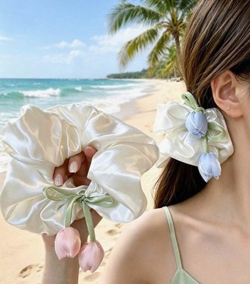 Soft Satin Flower Hair Scrunchie, Cute Elastic Hair Tie for Girls Daily Hair De