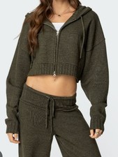 Edikted Cropped Olive Green Knit Hoodie Drawstring  Zipper Closure Size Small