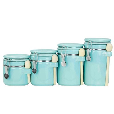 Home Basics 4 Piece Ceramic Canister Set with Wooden Spoons, Turquoise