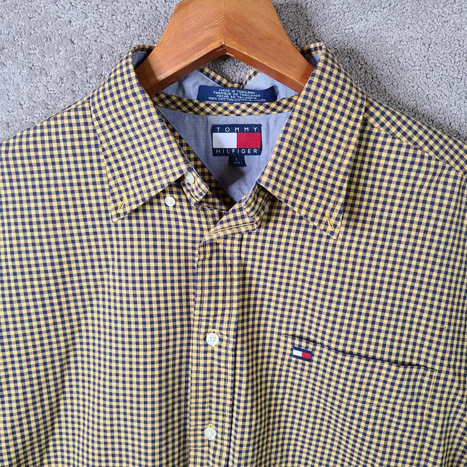 Vintage Tommy HilfIger Shirt Mens Large Yellow Blue Gingham Plaid Button Down - Image 2 of 4