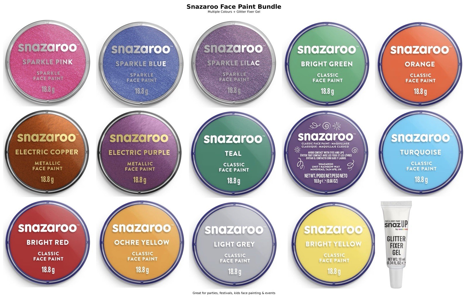 Snazaroo Face Paint / Body Paint 14x18g Includes Glitterfix Gel