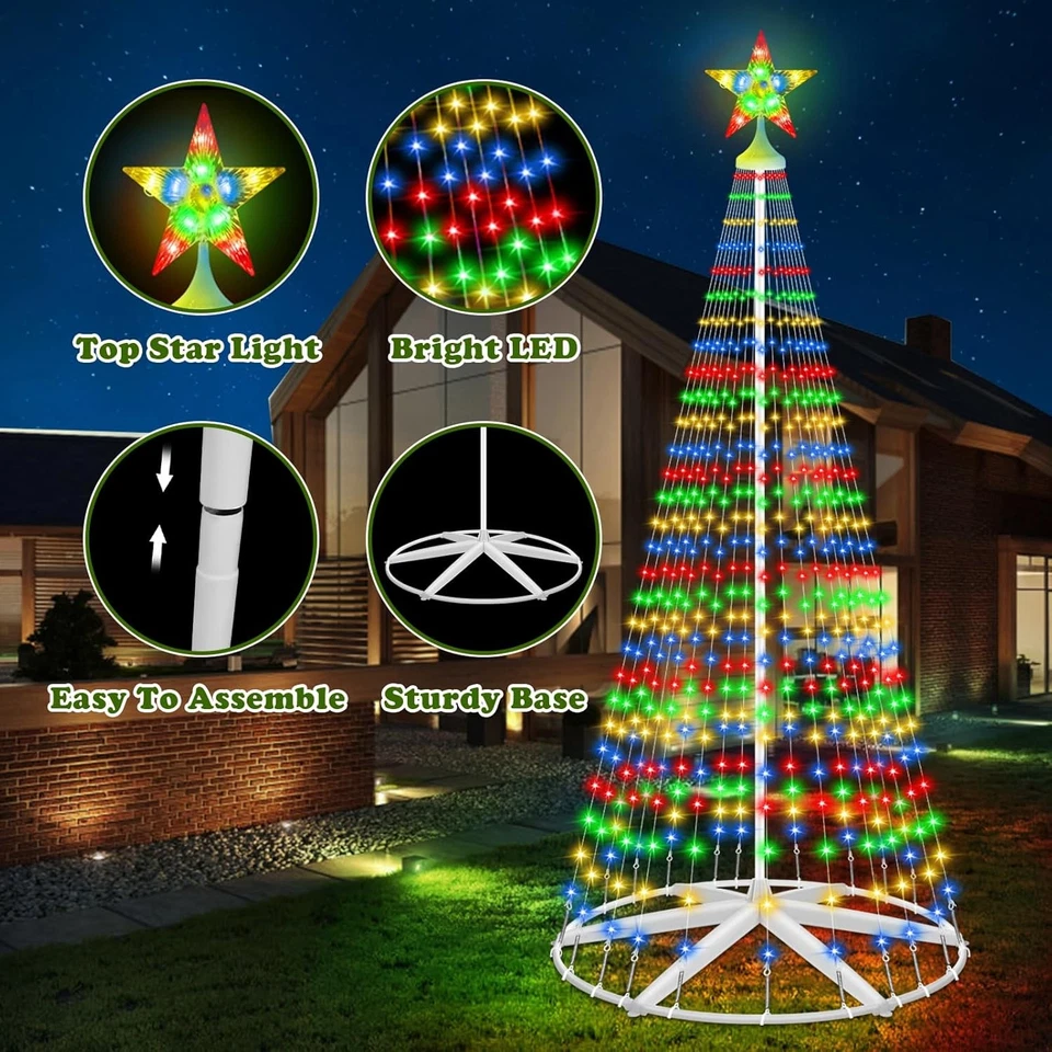 Cono de Navidad LED solar de 8 pies árbol 444 luces estrella topper temporizador remoto multicolor Foto 3 de 4