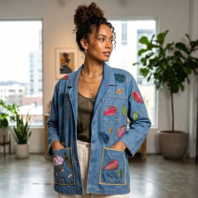 Vintage Large Hand-Painted & Embellished Artsy Denim Chore Jacket / Shacket