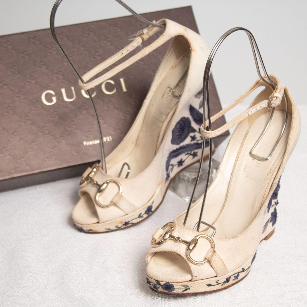 GUCCI Pre-Owned Horsebit Canvas Wedge Sole Sandals