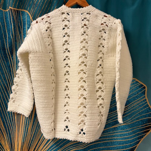 Hand Crochet Open Knit Cardigan Women’s Med Large White Sweater Grandma - Picture 11 of 11