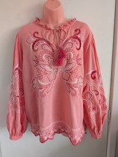 River Island Pink Embroidered Boho Blouse Top UK 18 Cotton Tassel Peasant Summer