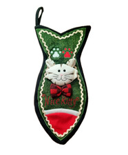 Cat Christmas Felt Stocking Fish Shaped Embroidered "Nice Kitty" w/Front Pocket