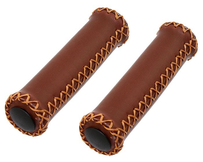 Artificial Leather Grips 7/8" 131mm Stitched Brown Handlebar Grips for Cruisers.
