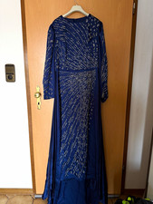 Damen Abendkleid lang blau Pailletten Langarm...