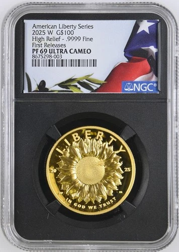2025 1 Oz GOLD $100 Liberty Sunflower High Relief Proof Coin NGC PF69 FR Retro