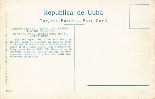 Postcard CUBA: Central Park, Inglaterra Hotel, Opera House, Havana, WB - Picture 2 of 2