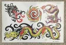 Tattoo Flash Single Sheet Print by L. Segatto Dragons, Fire, Peace, 11" X 14