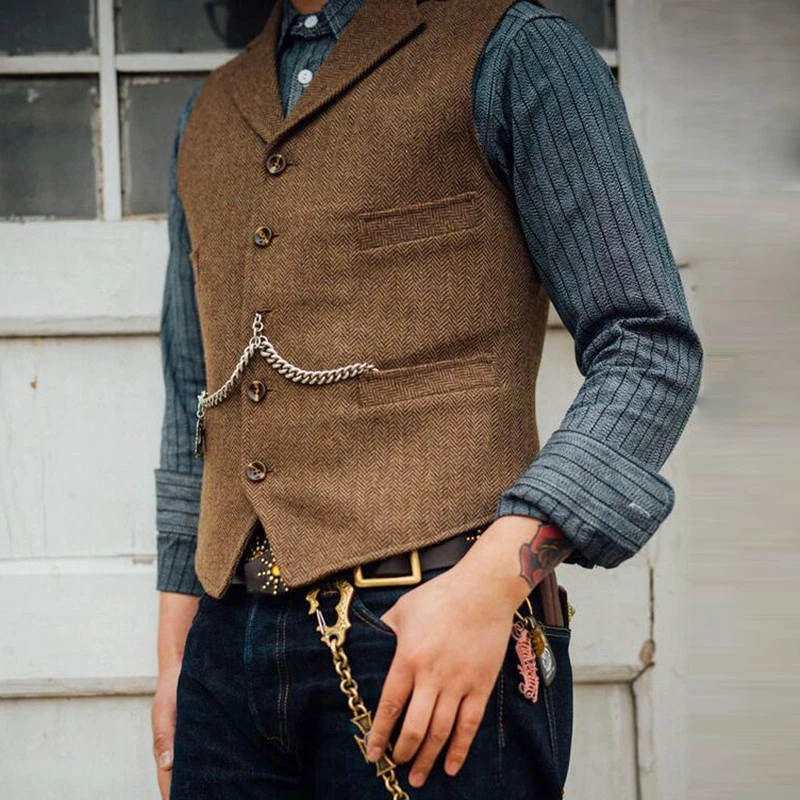 Mens Vintage Herringbone Lapel Waistcoat Vest Wool Blend Tweed Collared Tailored