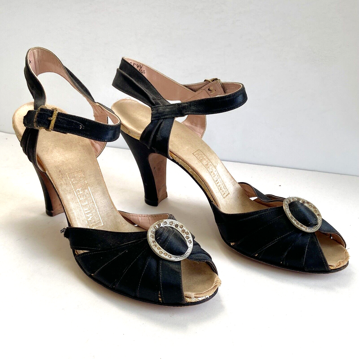 Rare 1930s Miller Silk Rhinestone Strap Heels 30s Pinup Retro Deco