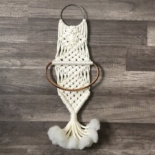 Vintage 70s Macrame Hanging Hand Towel Holder With Bamboo Hoop Ivory 22  Long